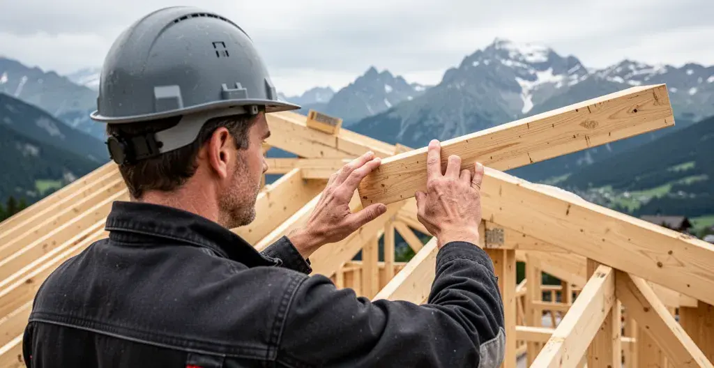 Technicien inspectant charpente bois sur chantier construction maison Haute-Savoie