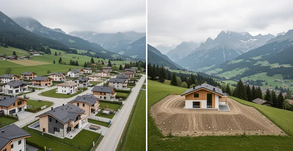 Vue comparative lotissement résidentiel et terrain isolé constructible en Savoie