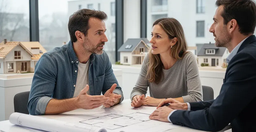 Couple français consultant plans de construction maison avec professionnel en showroom
