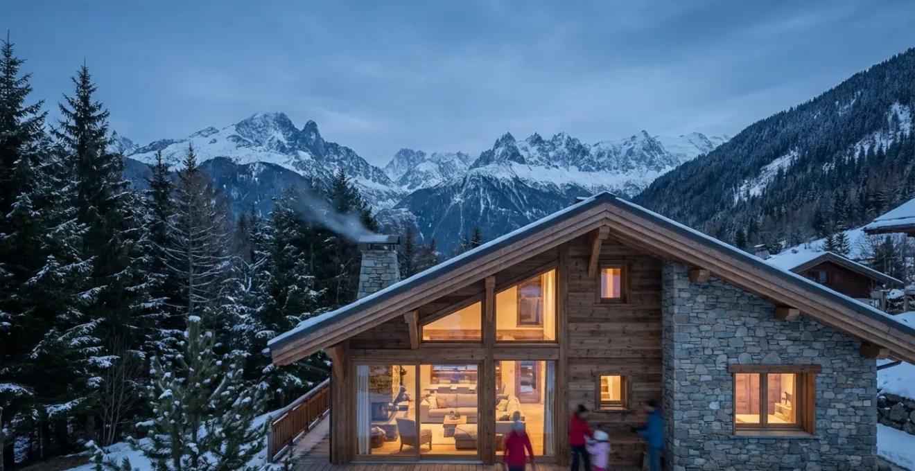 Maison contemporaine bois et pierre dans paysage alpin Haute-Savoie au crépuscule
