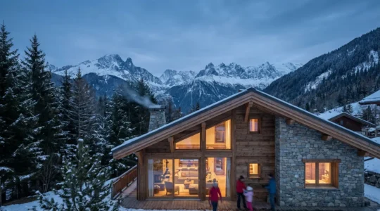 Maison contemporaine bois et pierre dans paysage alpin Haute-Savoie au crépuscule