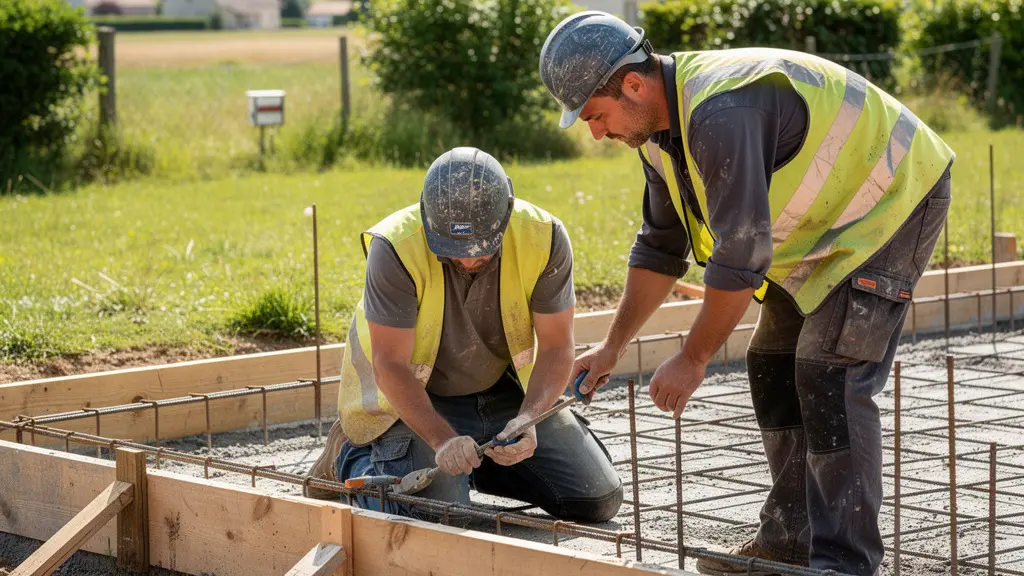 Ouvriers travaillant sur les fondations d'une maison en Isère