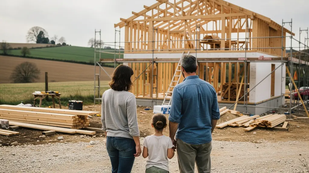Famille observant le chantier de leur future maison personnalisée en Isère