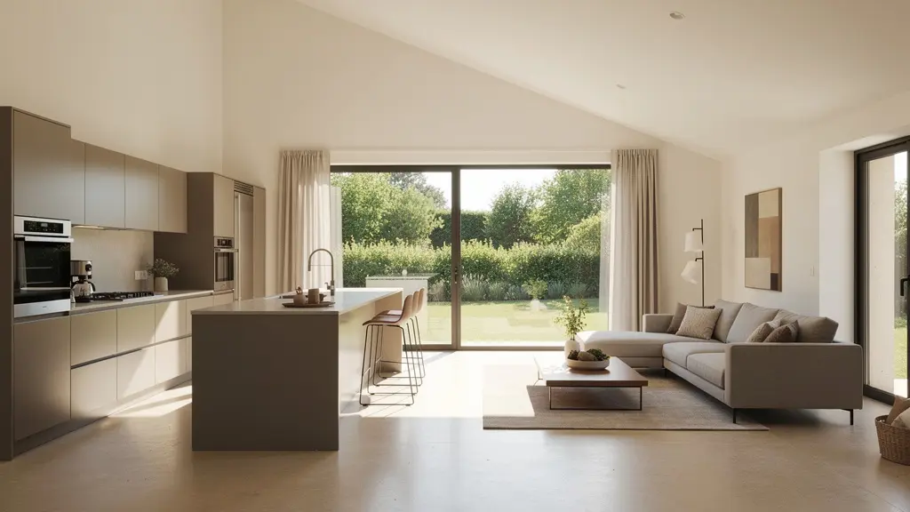 Intérieur lumineux d'une maison clé en main avec cuisine équipée moderne