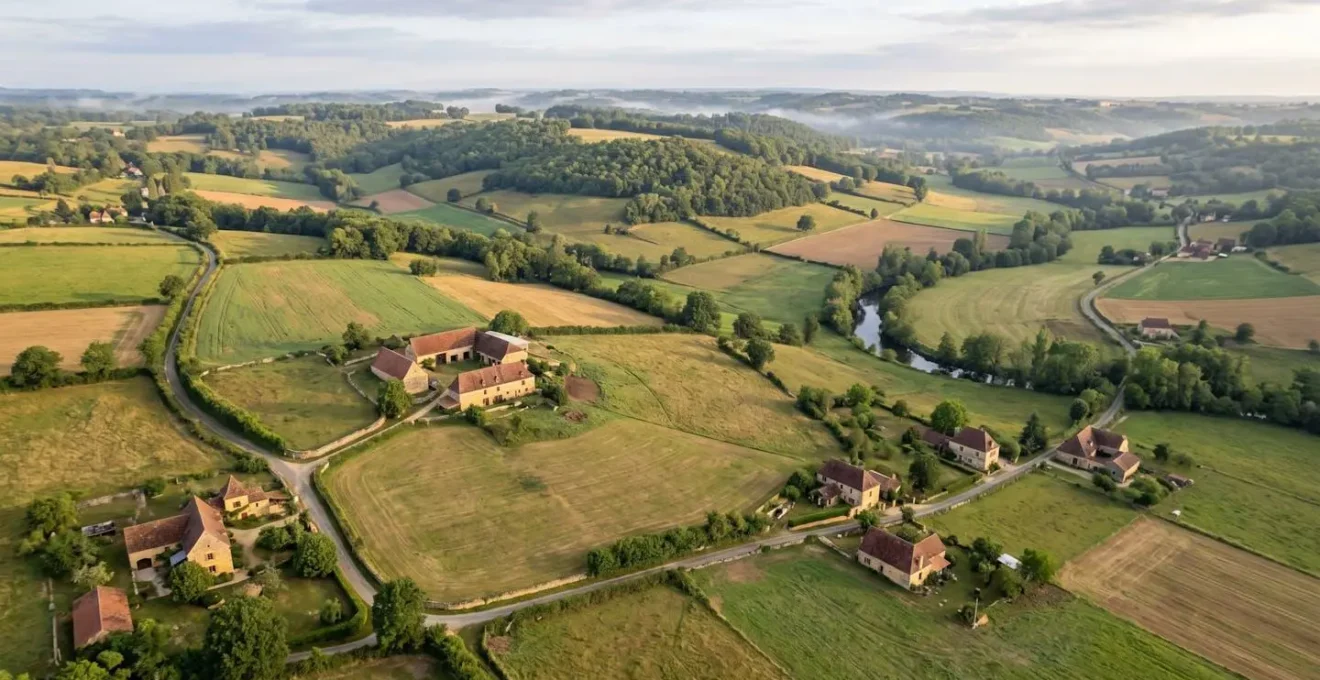 Vue aérienne d'un paysage rural en Dordogne avec des parcelles agricoles et forestières entourées de collines verdoyantes