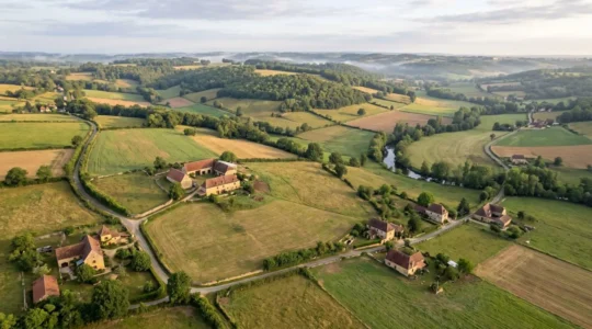Vue aérienne d'un paysage rural en Dordogne avec des parcelles agricoles et forestières entourées de collines verdoyantes