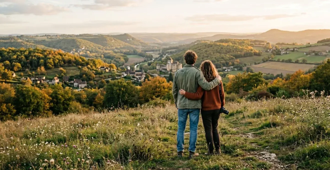 Couple debout sur une parcelle herbeuse en zone rurale du Périgord, observant l'horizon sous un ciel dégagé