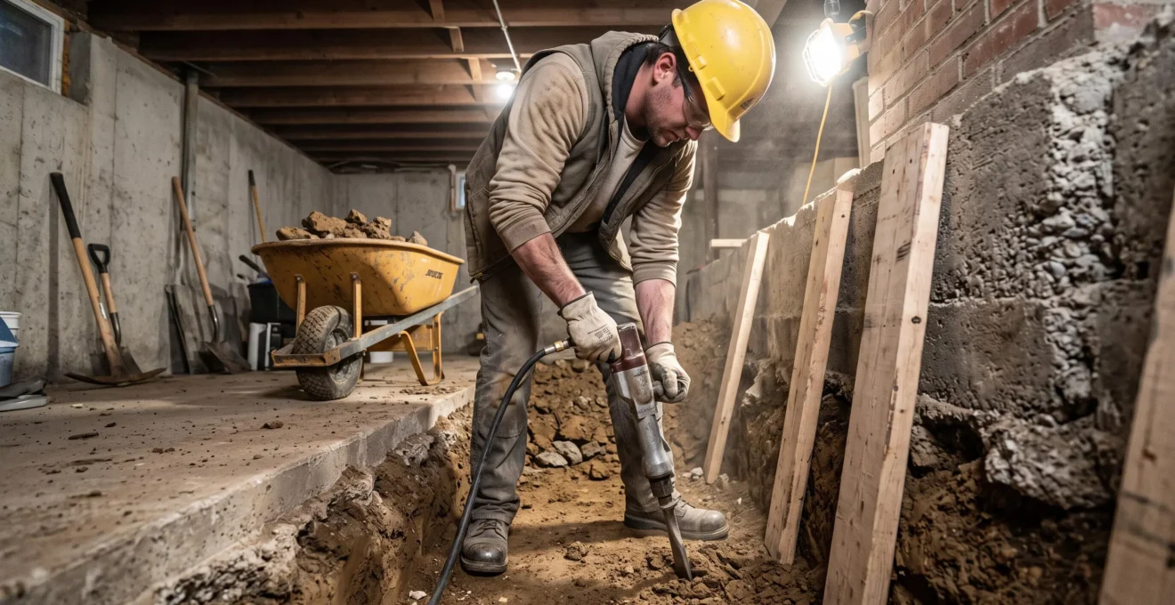 Ouvrier spécialisé effectuant l'excavation manuelle du sol dans un sous-sol existant avec équipement de sécurité et outils adaptés