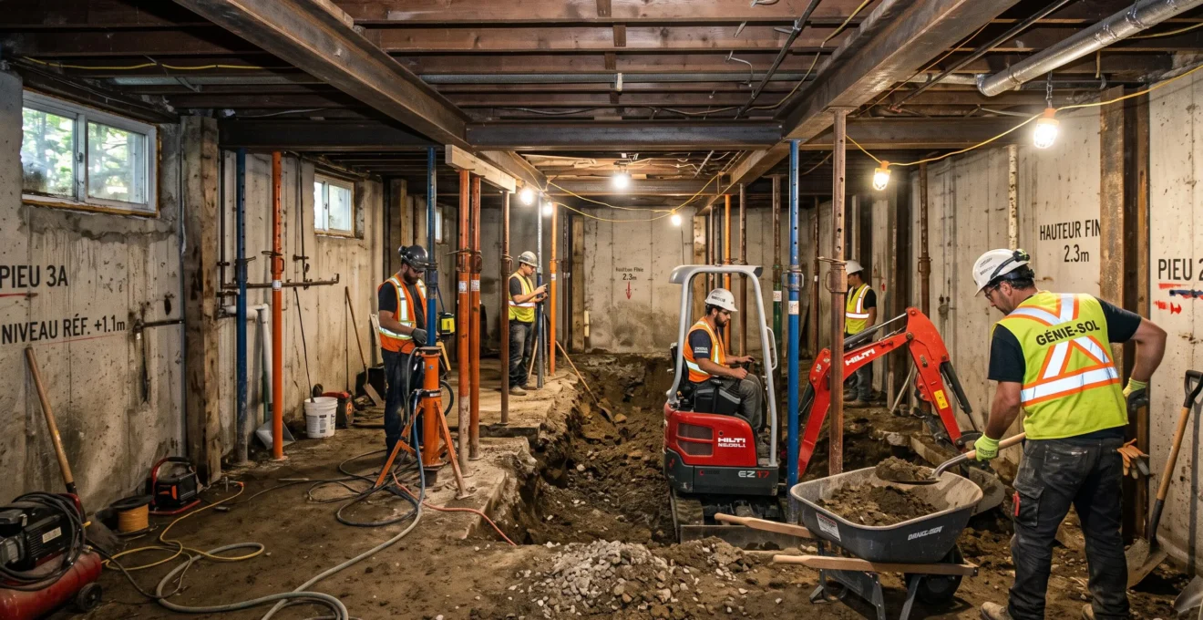 Chantier d'excavation de sous-sol en cours dans un bungalow québécois avec système d'étaiement structurel et ouvriers spécialisés au travail