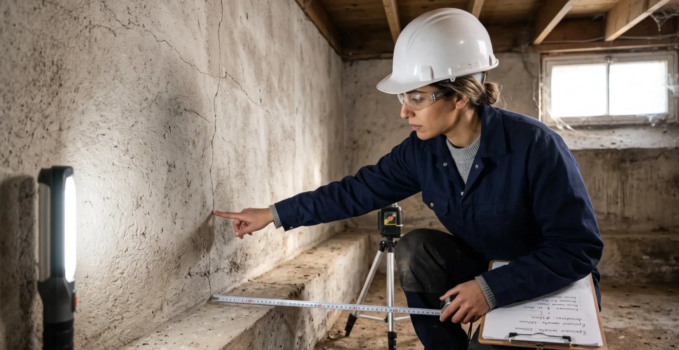 Ingénieur en structure inspectant les fondations existantes d'un sous-sol avec équipement de mesure professionnel