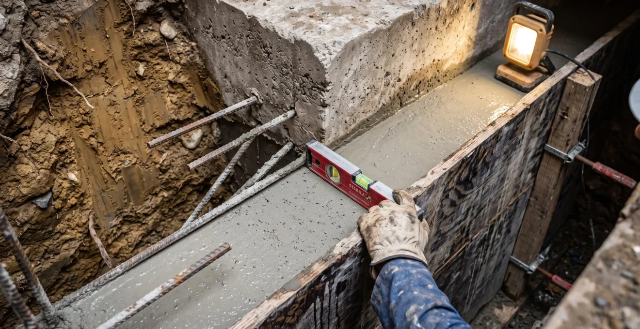 Nouveau béton coulé pour l'élargissement des semelles de fondation lors de travaux de reprise en sous-œuvre d'un sous-sol